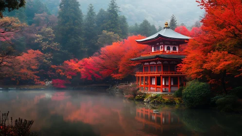 Serene Japanese pagoda glows beside a misty autumn lake