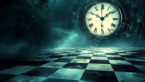 Large glowing clock over misty teal checkerboard floor.