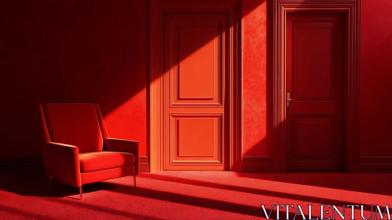 Minimalist red room with armchair and double doors bathed light.