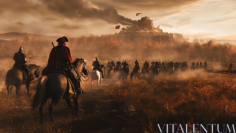 Mounted troops advancing toward fortified hilltop castle.
