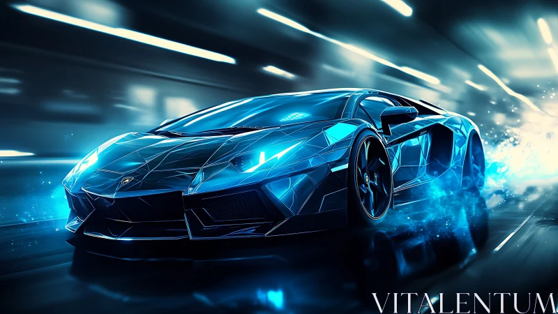 Low-angle neon-lit hypercar in motion with polygonal bodywork