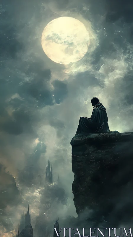 Solitary cloaked figure on cliff under oversized spectral moon