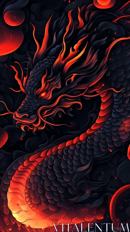 Fiery red dragon coils in dark swirling abstract space.