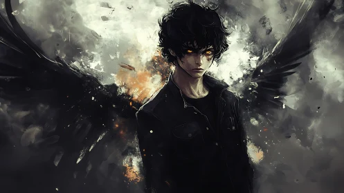 Dark winged figure with glowing eyes stands in smoke