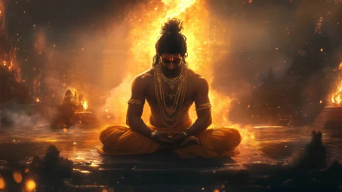 Meditating warrior figure in fiery mythic landscape.