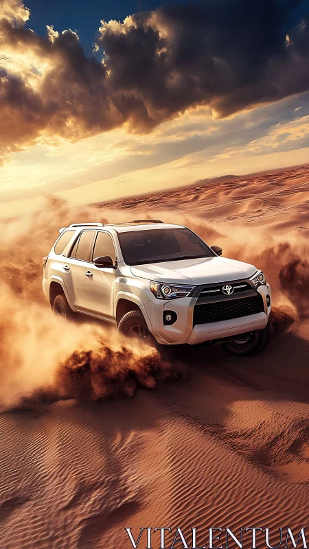 White SUV driving through desert sand at sunset.