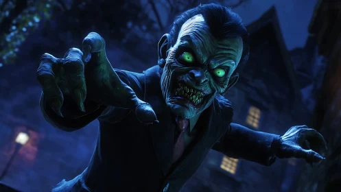 Nighttime ghoul lunges forward with eerie green glowing eyes