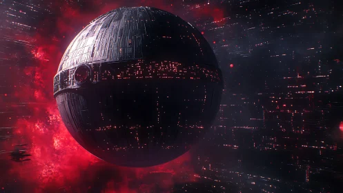 Massive spherical space station looms in a crimson nebula.