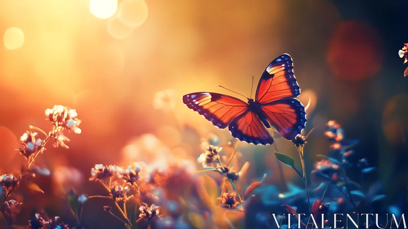 Sunlit monarch butterfly in warm bokeh meadow glow.