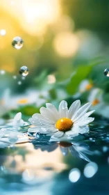 Daisy macro on reflective water with luminous bokeh light.