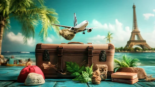 Multiregional travel still life with aircraft and landmark convergence.