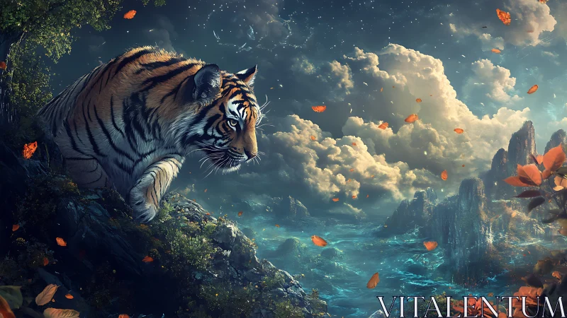 Majestic tiger overlooking surreal luminous ocean valley.