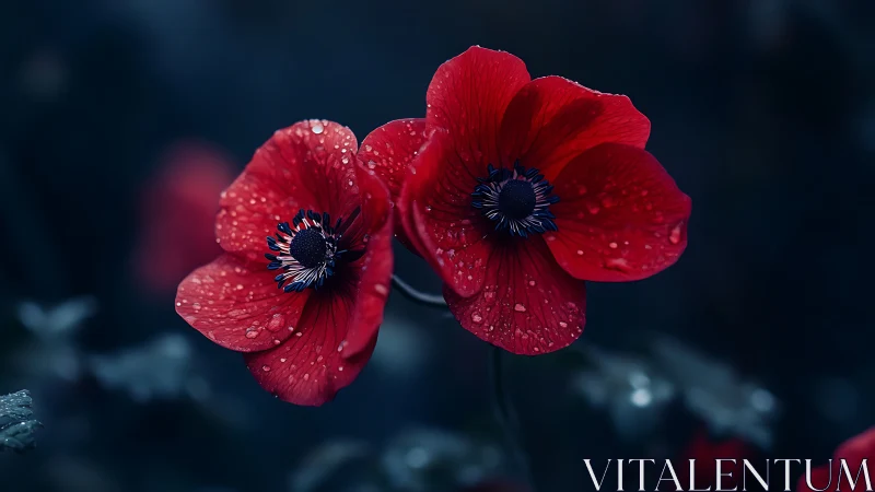 Red Poppies with Water Droplets Against Dark Background.