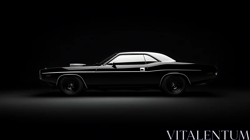 Sleek black muscle car glows dramatically against deep shadow