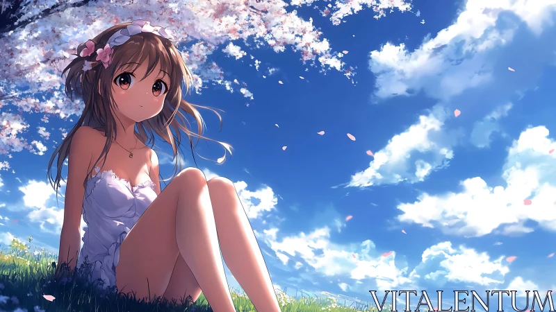 Atmospheric anime spring portrait under cherry blossoms.
