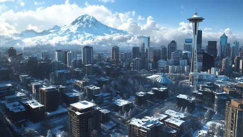 Snow-dusted Seattle skyline beneath vast alpine peak.