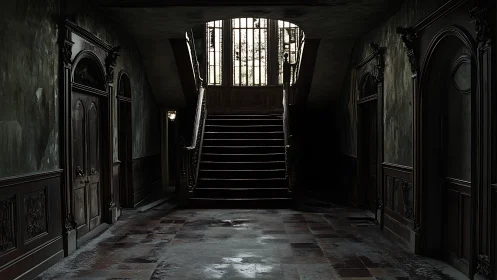Dark decaying mansion hallway with central stairway.