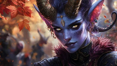 Horned humanoid portrait in autumn forest environment.