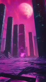 Neon alien landscape with stone pillars and glowing moon.