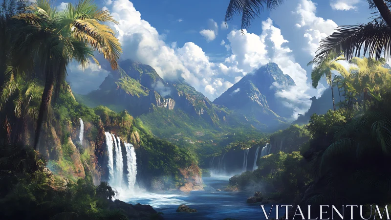 Lush tropical valley with cascading waterfalls and peaks.