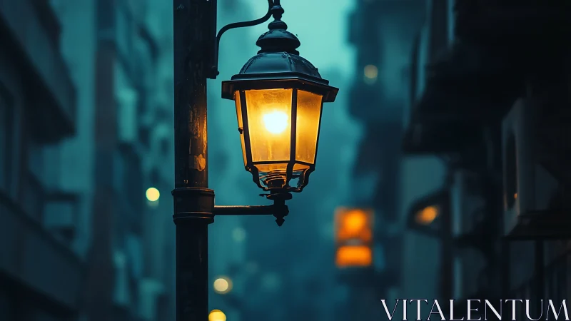 Urban gaslight lantern glowing through teal evening haze.