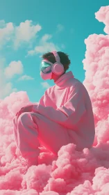 Dreamy future daydreamer resting in neon cotton clouds.