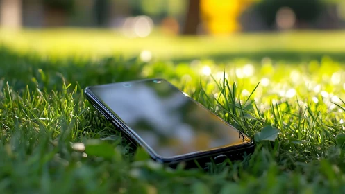 Smartphone rests in sunlit grass with soft bokeh background.