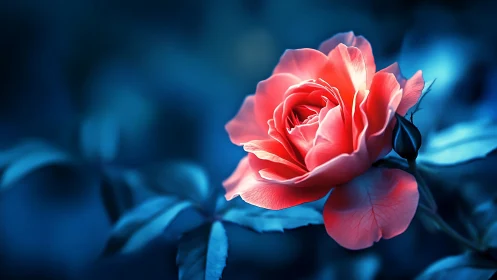 Red Rose Against Blue Background with Glowing Light.