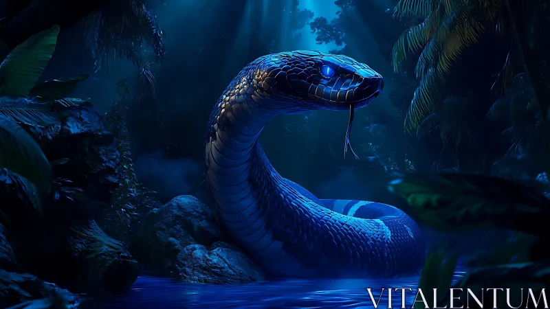 Luminous jungle serpent rises under moonlit forest glow.