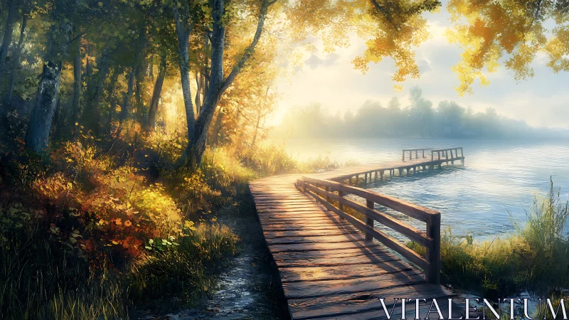 Sunlit lakeside boardwalk curves into misty distant horizon