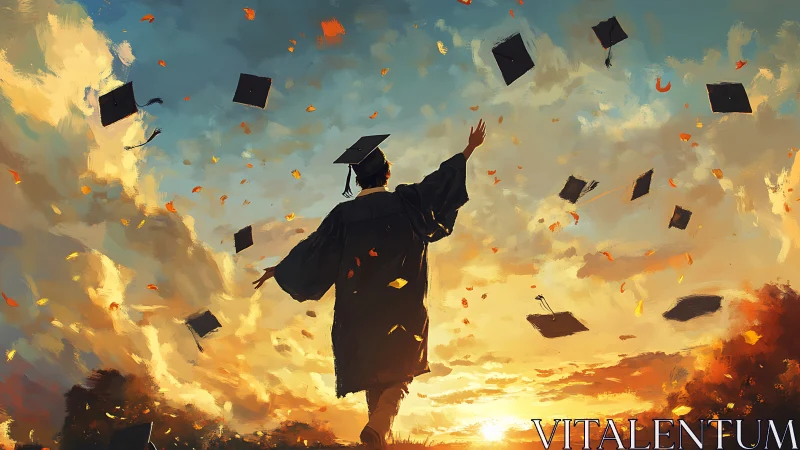 Graduate celebrates under golden sunset sky with flying caps