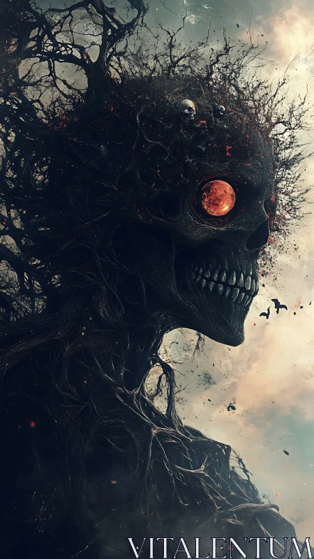 Arboreal necrotic titan with lunar ocular core, side profile.