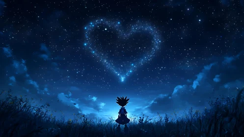 Solitary Figure Observing Celestial Heart Formation Against Twilight Sky