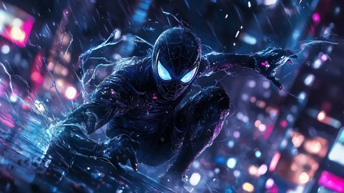 Dynamic neon-lit urban vigilante crouching on reflective wet asphalt