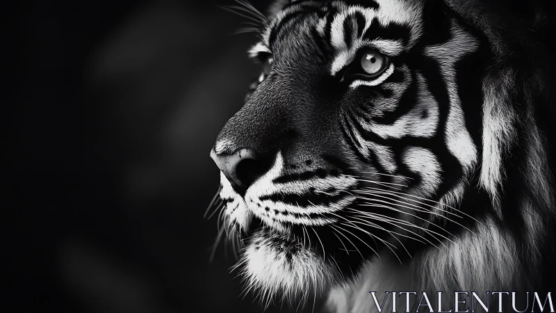 Black and white close-up portrait of tiger in profile.