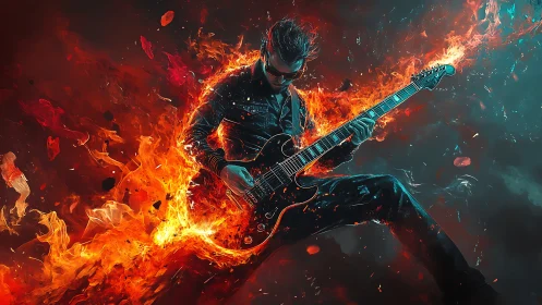 Incandescent electric guitarist in pyrokinetic motion field.