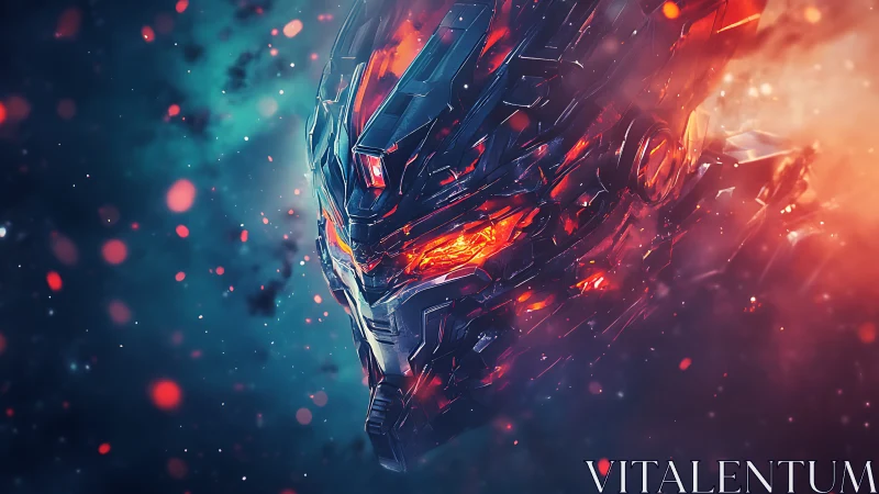 Molten cybernetic dragon helm in nebular ember storm.