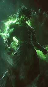 Emerald energy warrior rises in swirling mystical flames