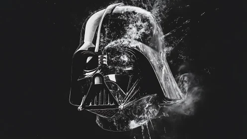 Dark helmet illustration with fractured monochrome effects.