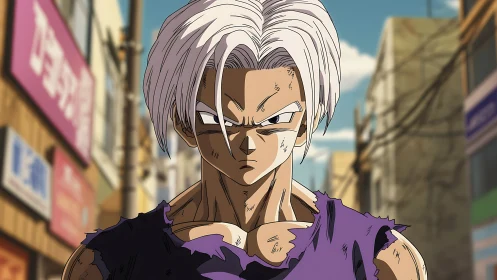 Battle-worn silver-haired anime fighter in urban street scene