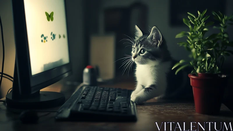 Domestic cat at computer workstation in dim interior.