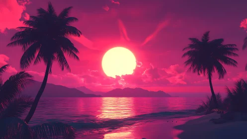 Dreamy neon sunset over a calm tropical shoreline.