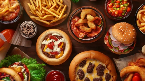 Assorted fast food burgers, fries and sides arranged on table
