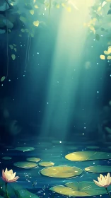 Sunlit lily pond whispers beneath emerald forest veil.