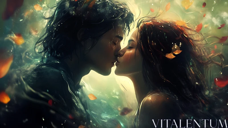 Two figures in profile positioned for kiss amid ethereal light effects