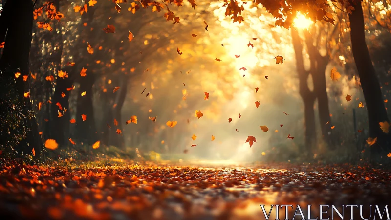 Sunlit forest path where autumn leaves quietly drift down.