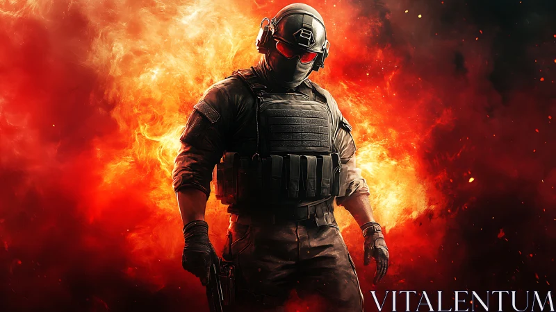 Armored tactical soldier standing before intense flames.
