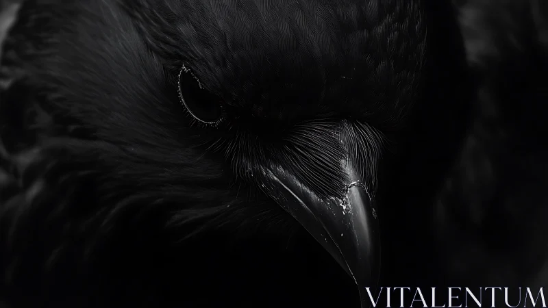 Close black raven portrait with intense downward gaze.