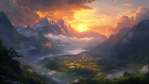 Sunrise spell over a misty valley village of secret dreams.