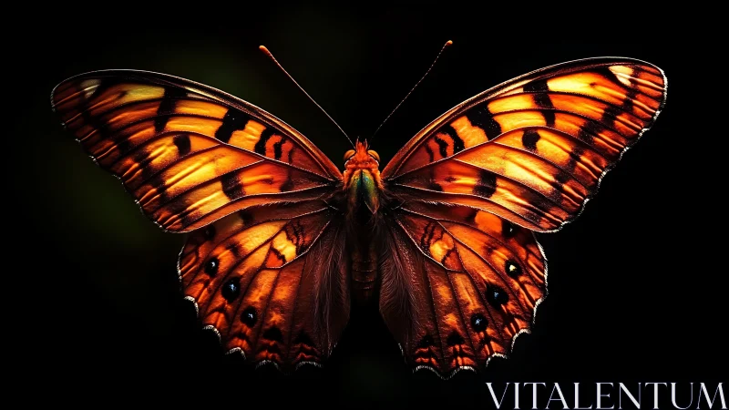 Vivid orange butterfly with spread wings on black background.